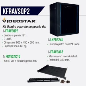 KIT Armadio Rack 19" 9U + Patch Panel 24p + Mensola + Viti